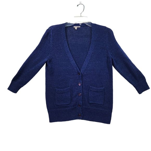 Halogen Cardigan Sweater Womens Size M  3/4 Sleeve 100% Cotton Blue - Picture 1 of 8